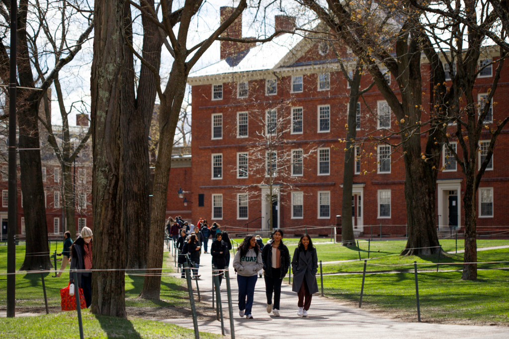 students walking in Harvard Yard.