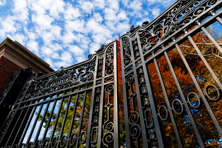 Harvard yard gate with a backdrop of foliage.