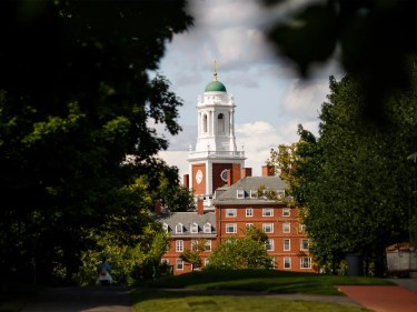 A view of Harvard's campus through the trees