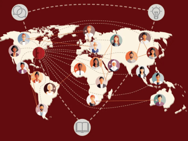 Graphic map of the world and people dotting the map.