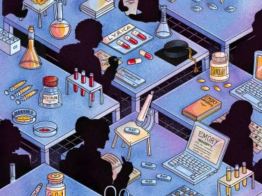 An illustration of people in a lab creating new drugs