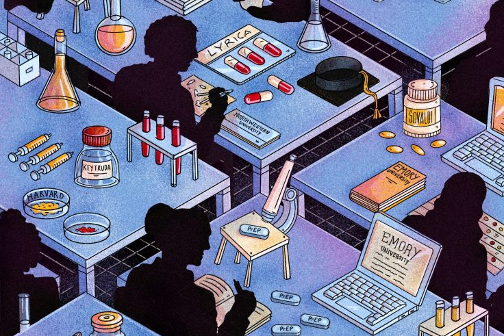 An illustration of people in a lab creating new drugs