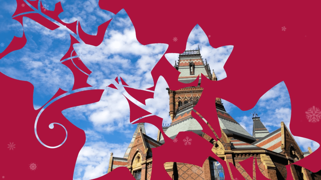 maroon leaves cut out to reveal Memorial Hall.