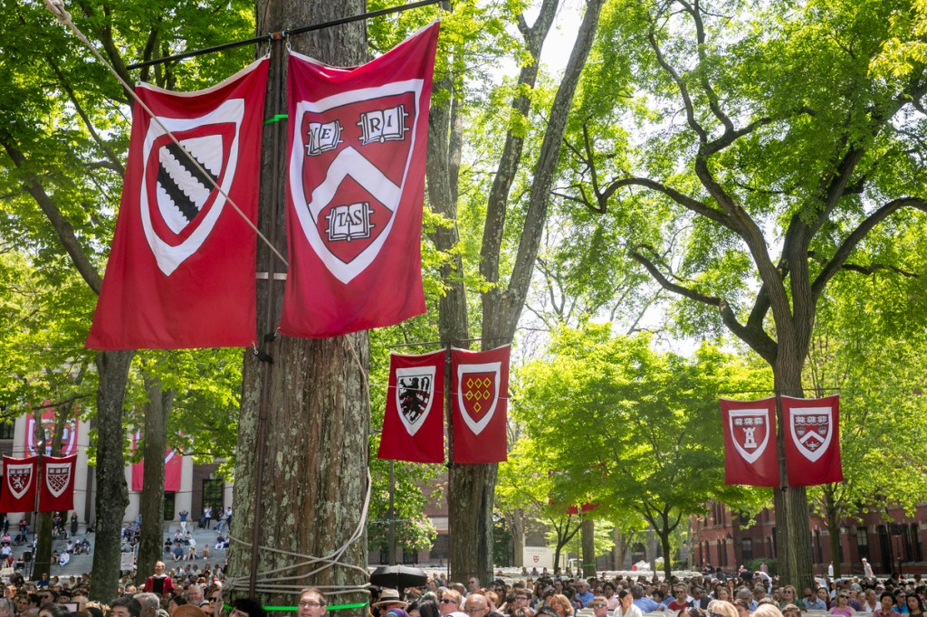 banners hang over Harvard Yard.