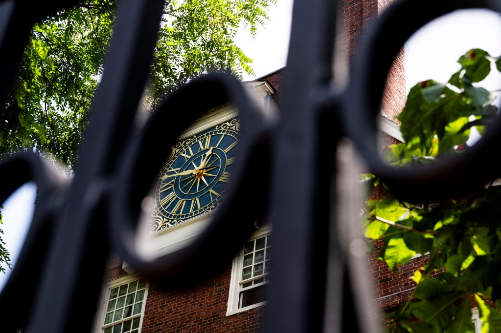 the face of a clock shot through a gate.