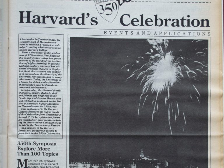 A copy of the Harvard Gazette celebrating the 350th anniversary