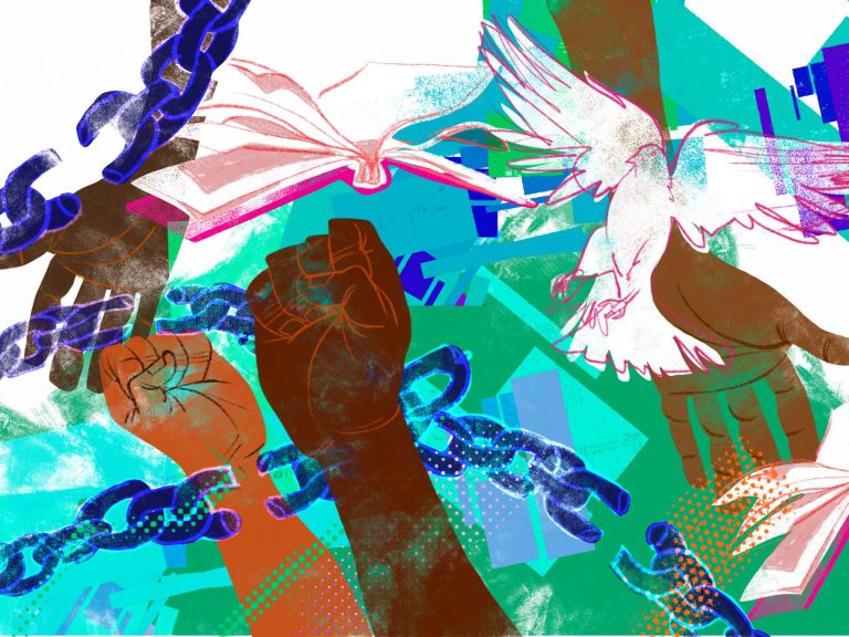 An illustration with hands, chains, books, and doves
