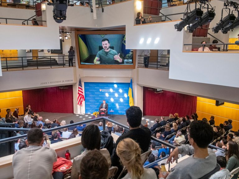Students listening to the president of Ukraine talk