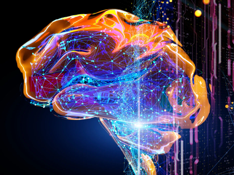 An illustration of a brain with digital stuff over it