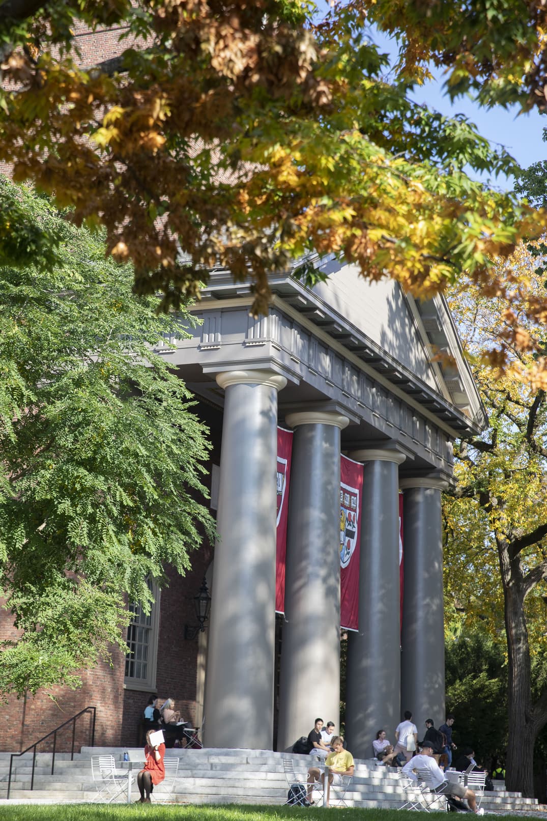 A Harvard building seen through some trees