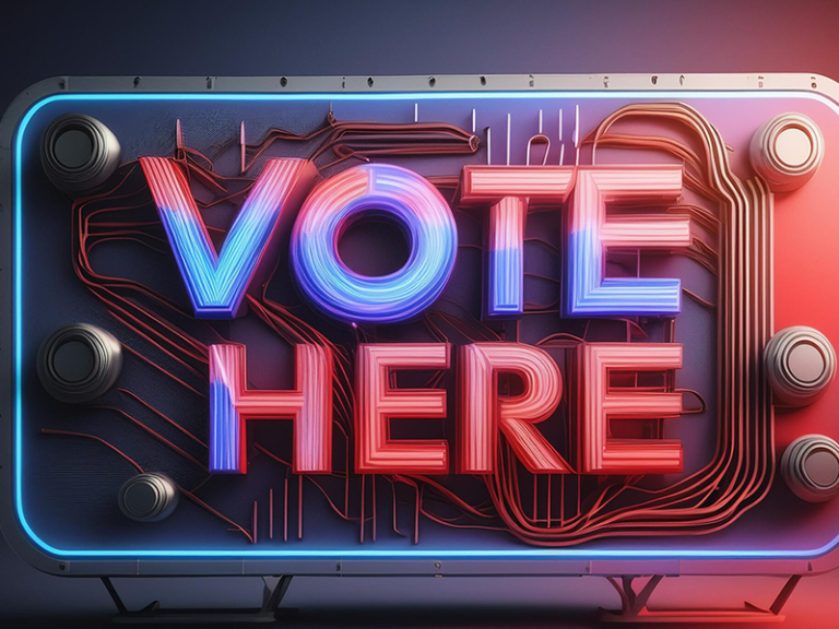 An AI generated image that includes "VOTE HERE" text