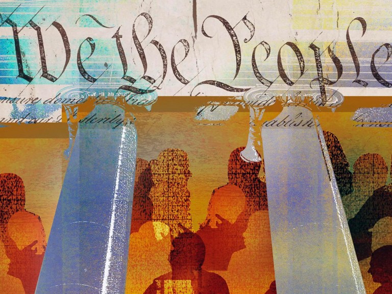 A painting of people with the words "We the people"