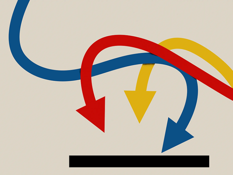 An illustration of three lines, one red, one blue, and one yellow all pointing to a black line