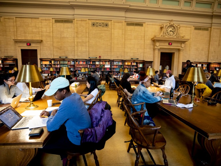 Students studying in Widener Library