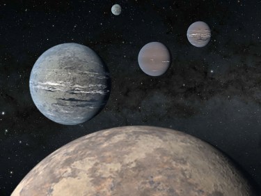 An artist rendering of the five-planet system around TOI-1233 includes a super-Earth (foreground) that could help solve mysteries of planet formation.
