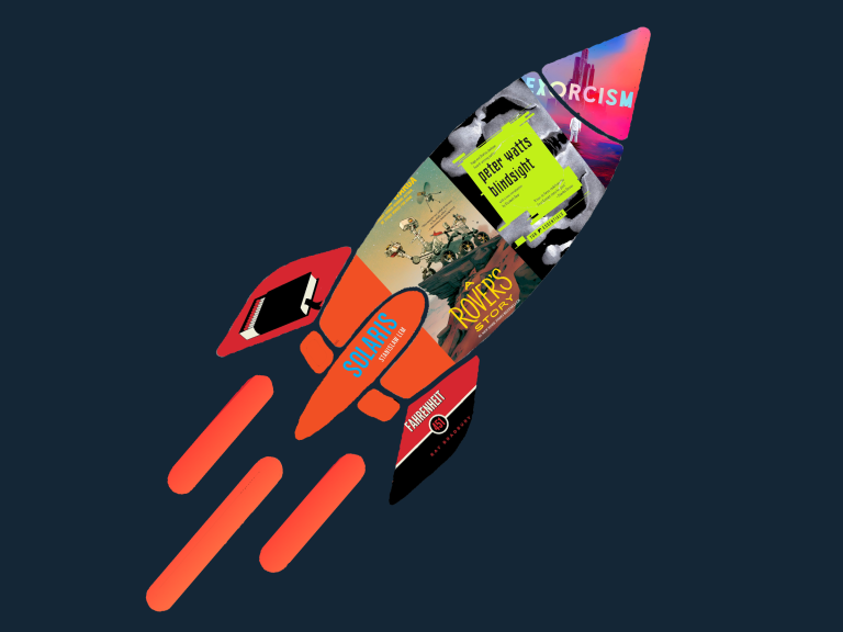 An illustration of a rocket with a collage of book covers on the inside of the rocket