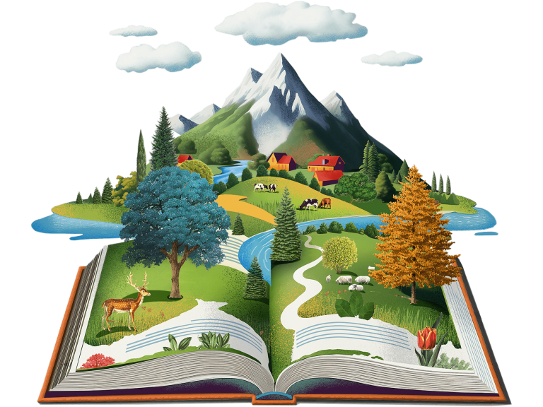 An illustration of an open book with mountains, rivers, forests, and other places of adventure
