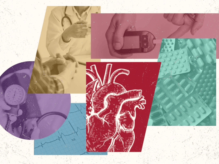 A collage including photos of a blood sugar monitor, a rendering of a heart, a stethoscope, and medication