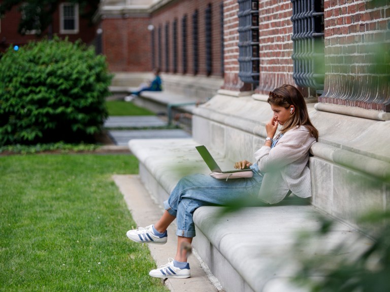 A person using their laptop in Harvard Yard